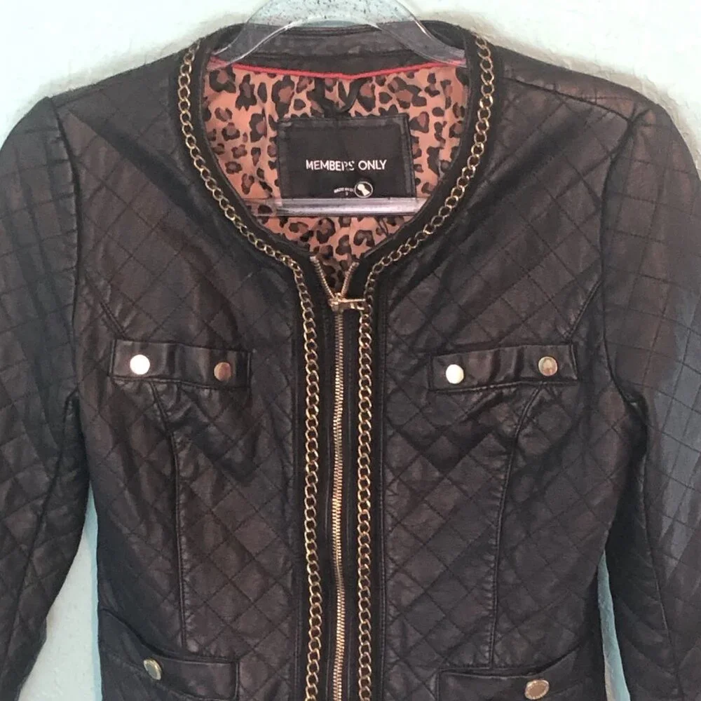 Members Only Womens Zip Front Moto Jacket Small Black Gold Tone Chain Link FLAWS - Picture 2 of 13